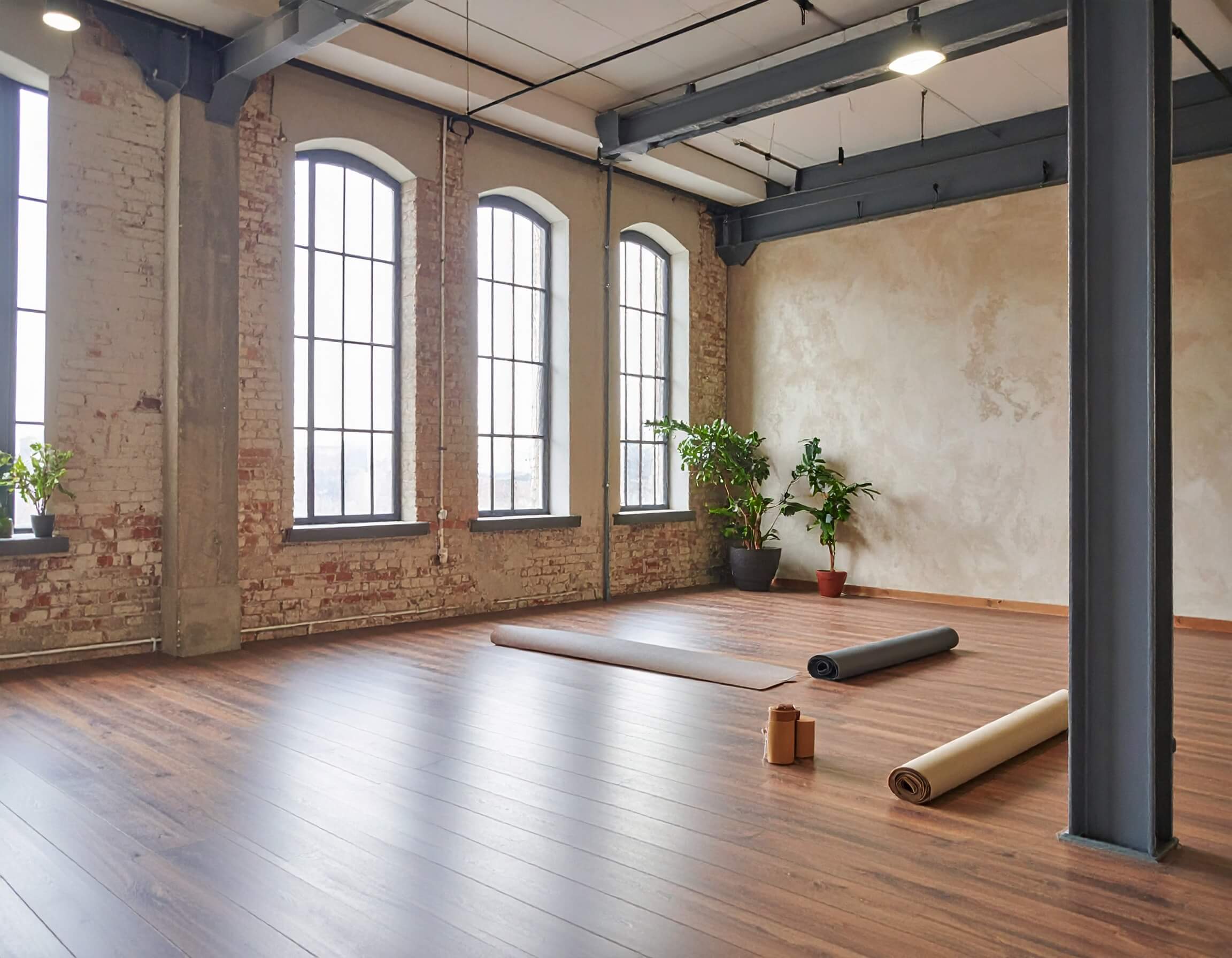 The Lotus room. Open yoga studio with high arched windows, warm lighting, yoga mats on the wooden floor, and several potted plants along the back wall.