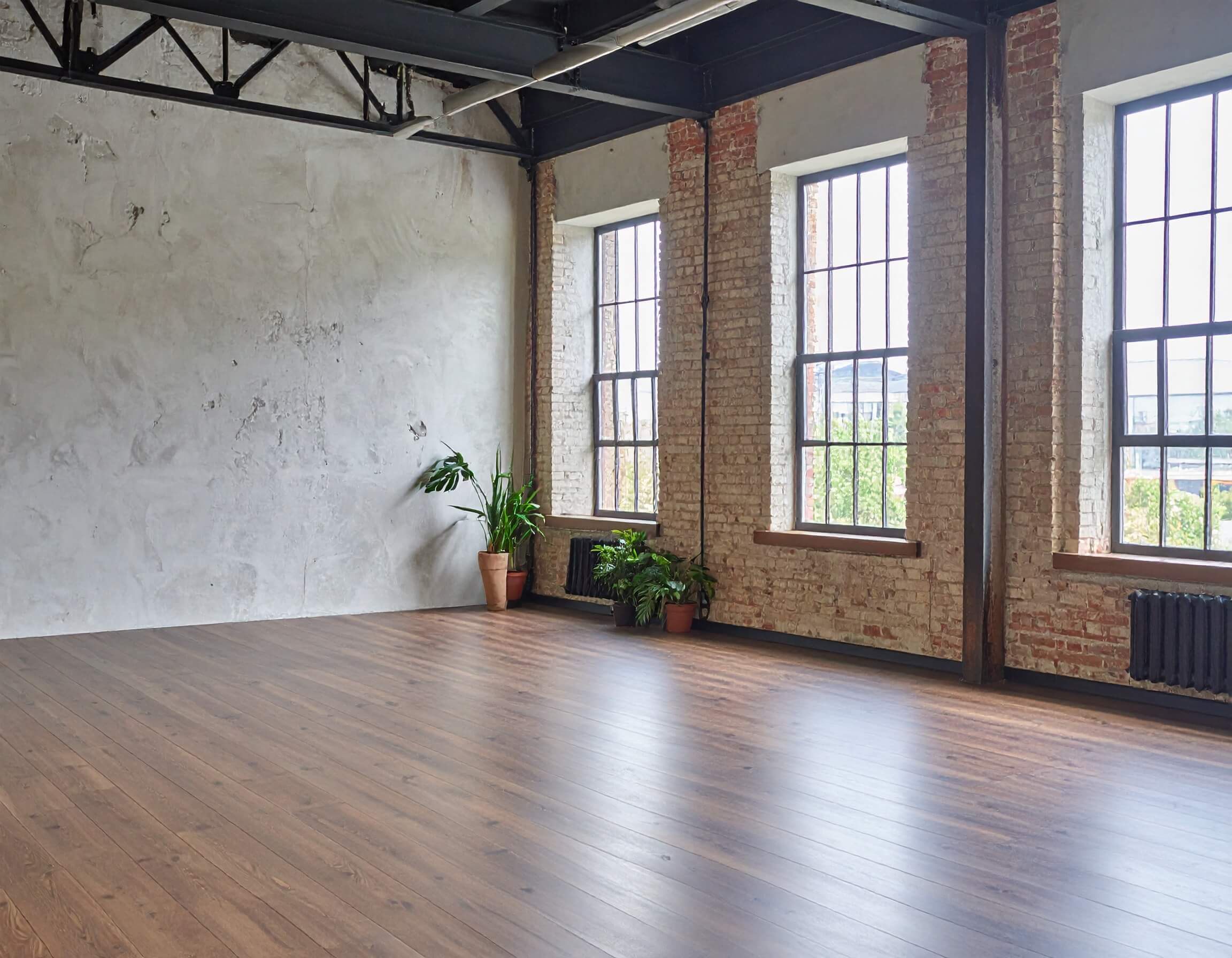 The Ocean room. Bright yoga room featuring three tall black-framed windows, exposed brick walls, and various green plants near a white plaster wall.