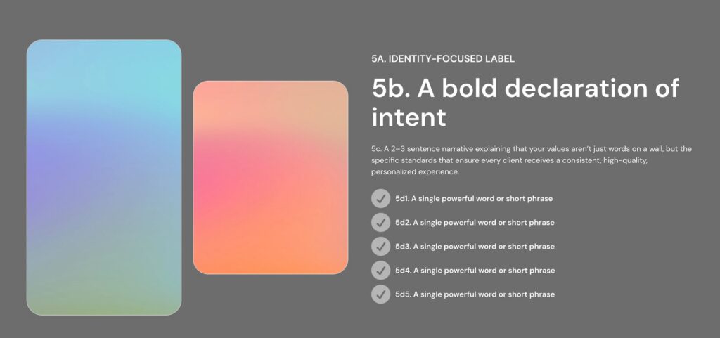 5A. IDENTITY-FOCUSED LABEL 5b. A bold declaration of intent 5c. A 2–3 sentence narrative explaining that your values aren’t just words on a wall, but the specific standards that ensure every client receives a consistent, high-quality, personalized experience. - 5d1. A single powerful word or short phrase - 5d2. A single powerful word or short phrase - 5d3. A single powerful word or short phrase - 5d4. A single powerful word or short phrase - 5d5. A single powerful word or short phrase The background is dark gray with two rounded rectangles on the left side, one larger with a blue gradient and one smaller with a pink-orange gradient.