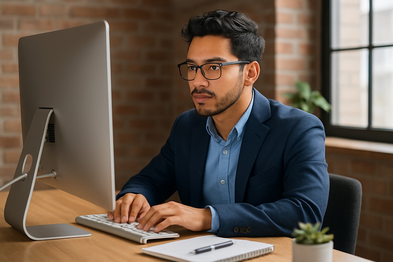 A man wearing glasses and a blue suit jacket is typing on a keyboard while looking at a large computer monitor. He is seated at a wooden desk with a notebook, pen, and a small potted plant. The background features a brick wall and a window.